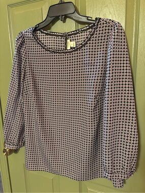 J. Crew Pink and Black Geometric Bubble-Sleeve Blouse with Collar Detail
